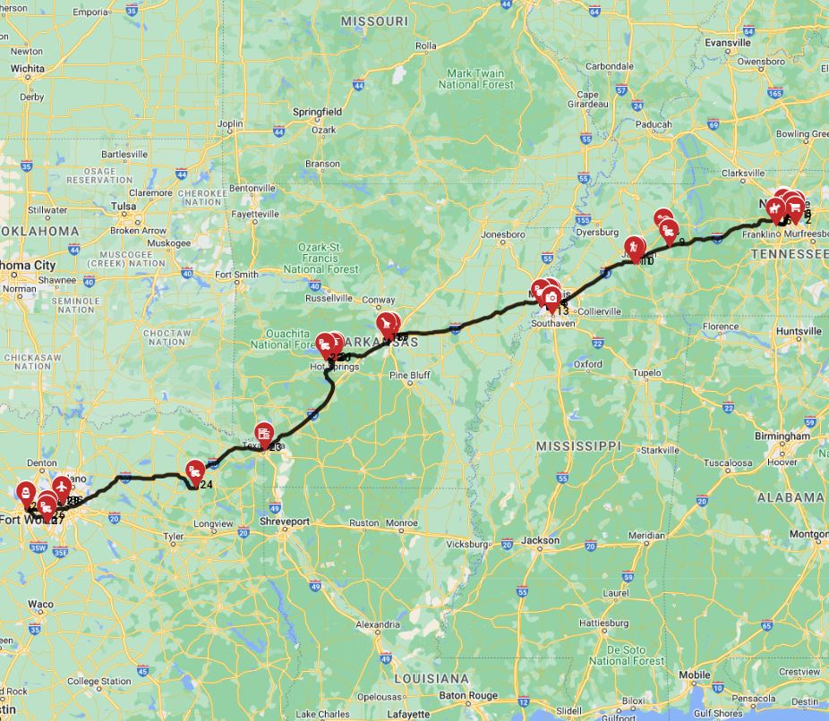 RV route a road trip with a motorhome from Nashville to Dallas
